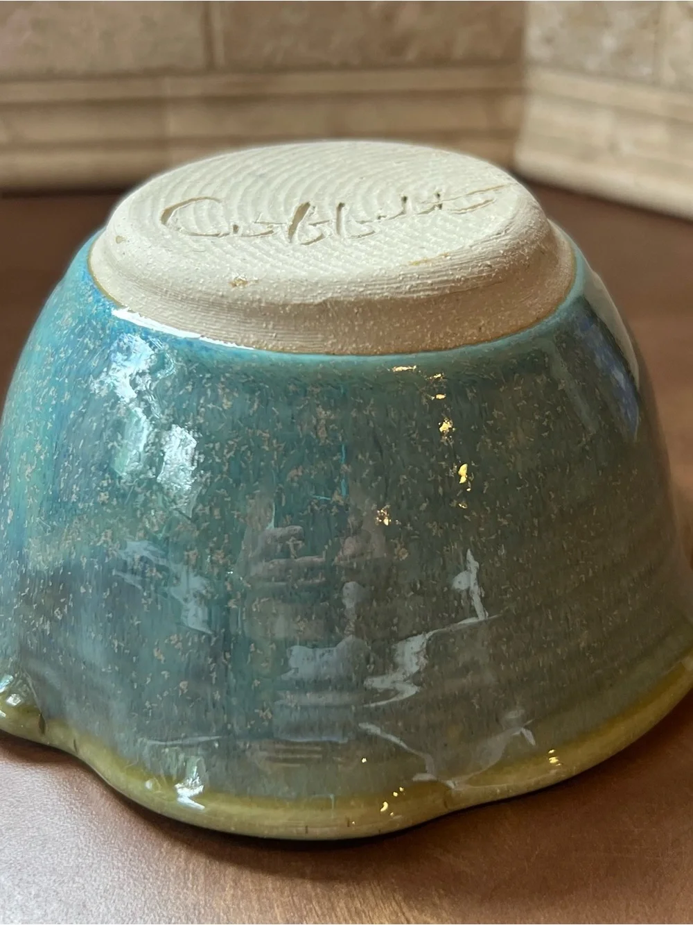 Coffelt Handcrafted Green-Blue Ceramic Apple Baker, Made in US, Great condition